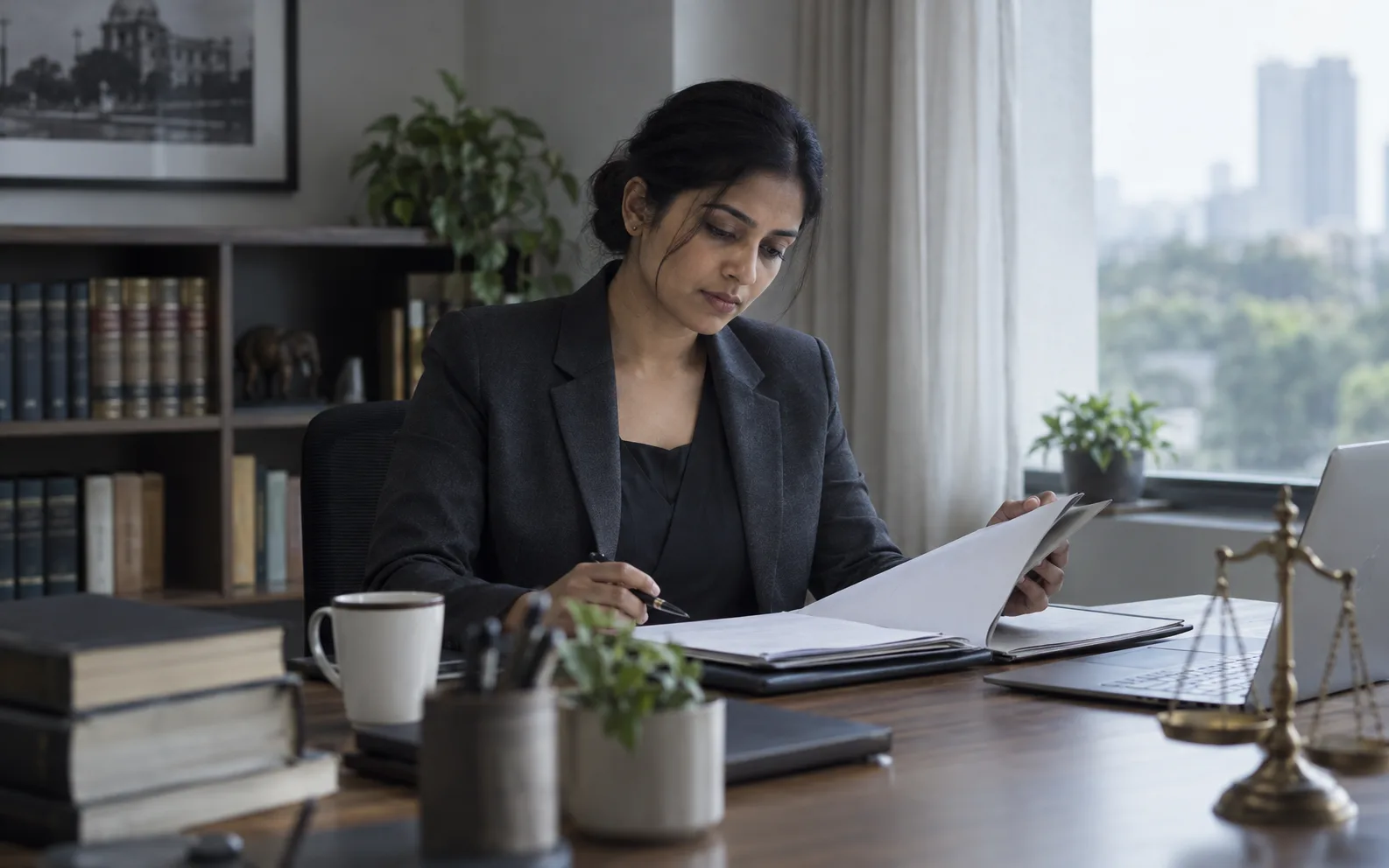 An independent advocate preparing a matter at her desk