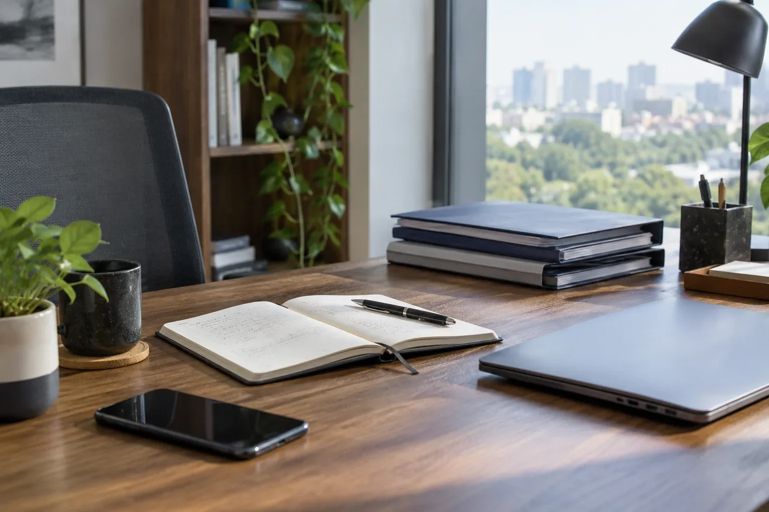 An organised desk with folders, a notebook and a laptop.