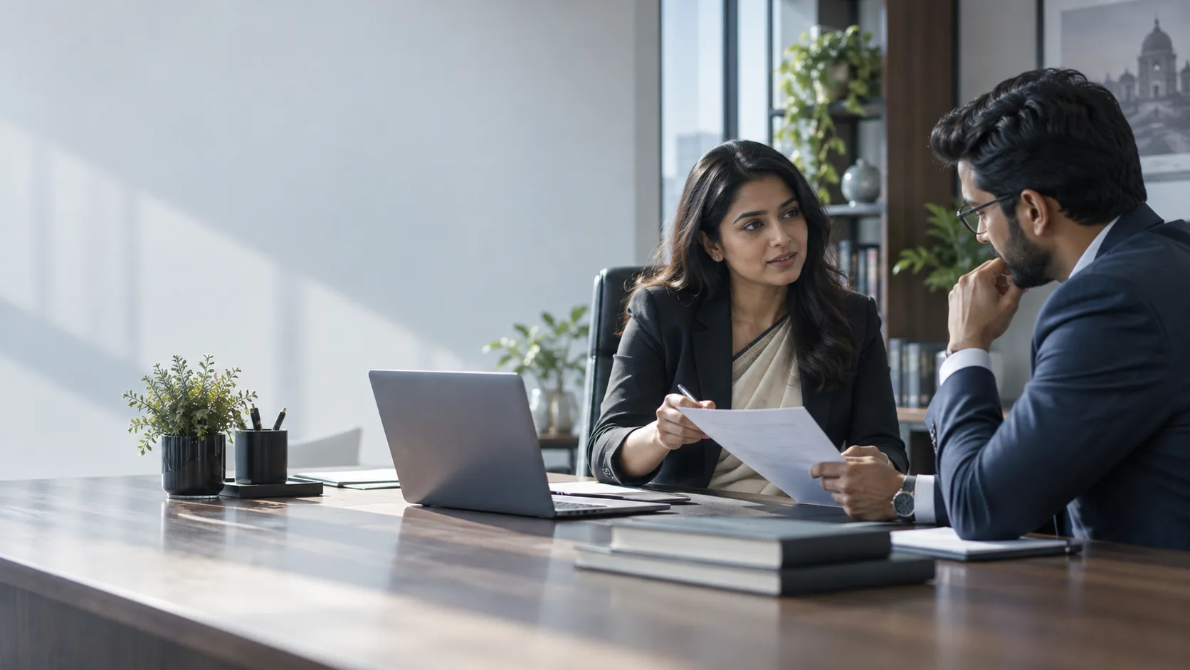 A legal advisor discussing a document with a business client