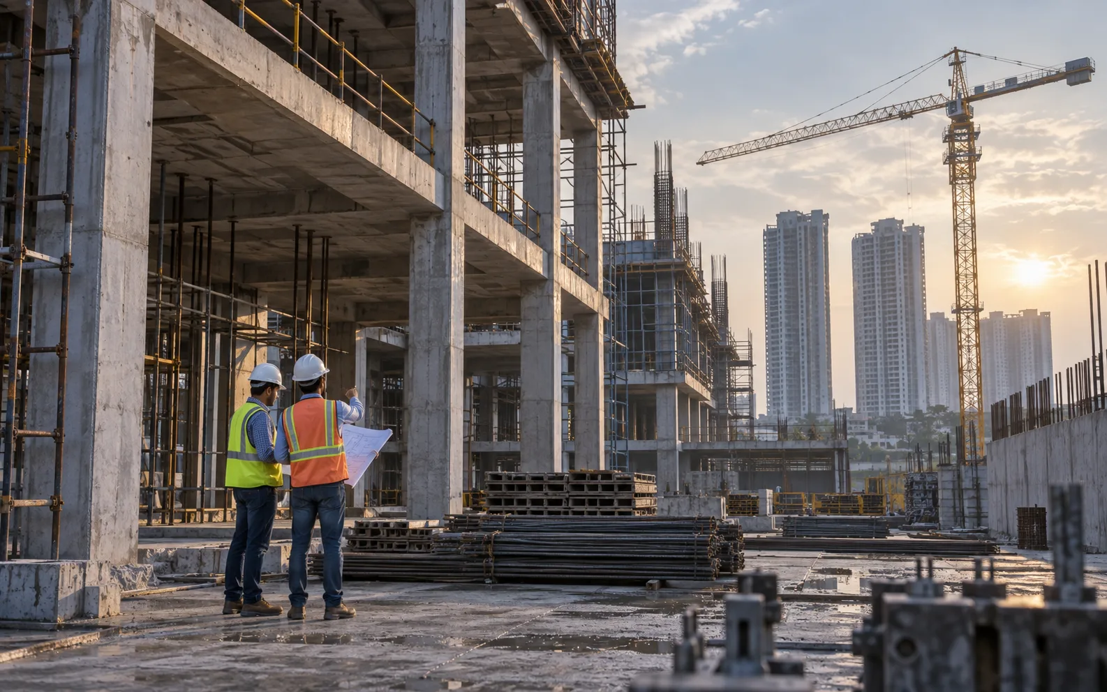 A modern construction site with equipped workers