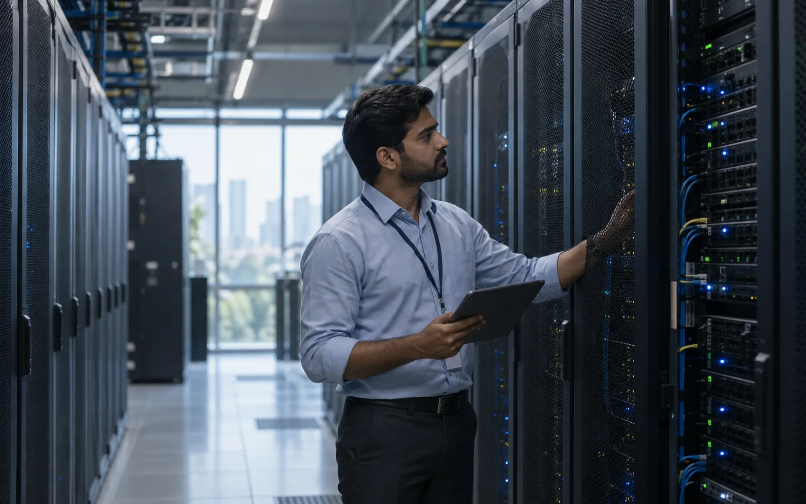 An engineer working with technology infrastructure