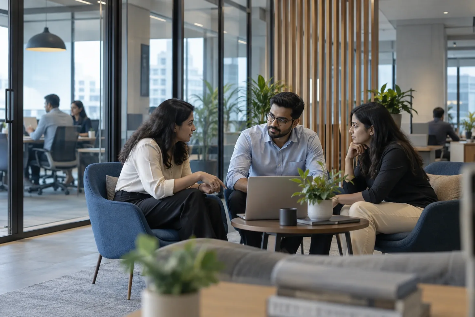 A contemporary technology office with shared meeting spaces.