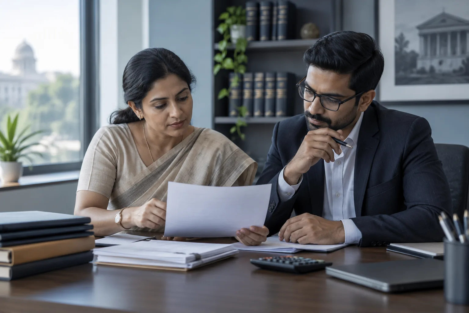 A legal-office administrator and colleague reviewing organised billing paperwork and a calculator.