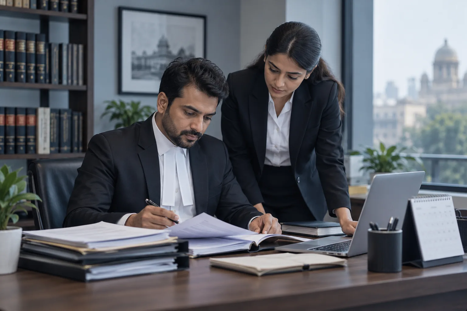 An Indian advocate and colleague preparing hearing documents beside a desk calendar.