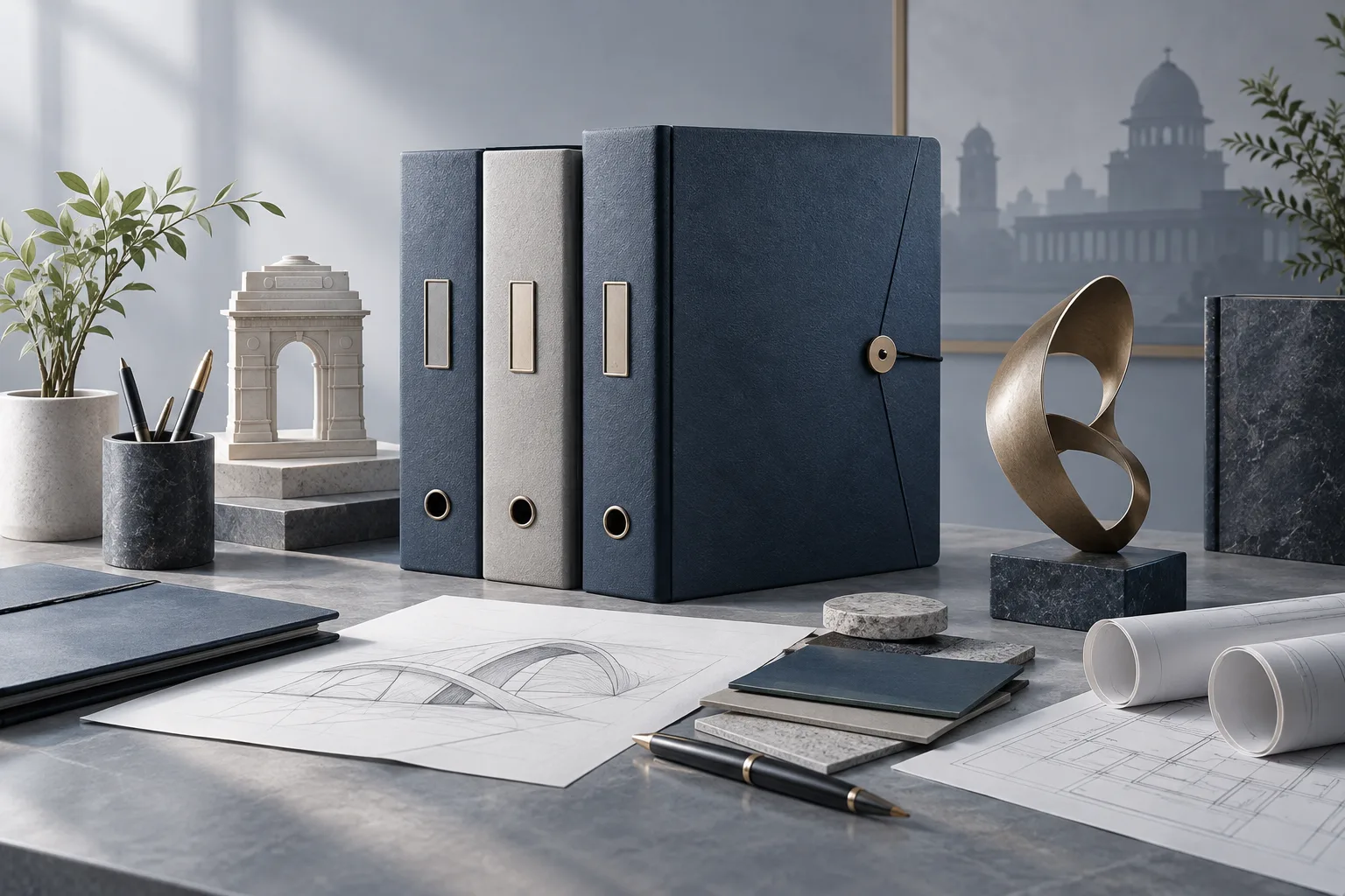 Dimensional illustration of portfolio folders beside abstract product design and creative-work objects.