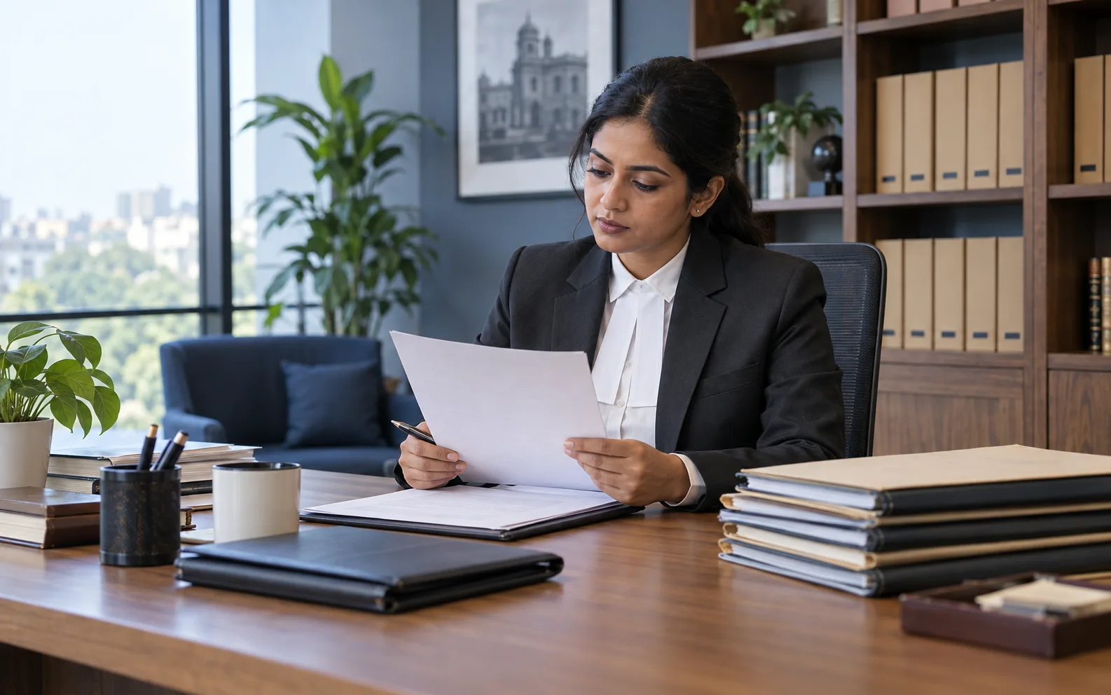 An advocate reviewing organised matter files in a contemporary Indian practice.