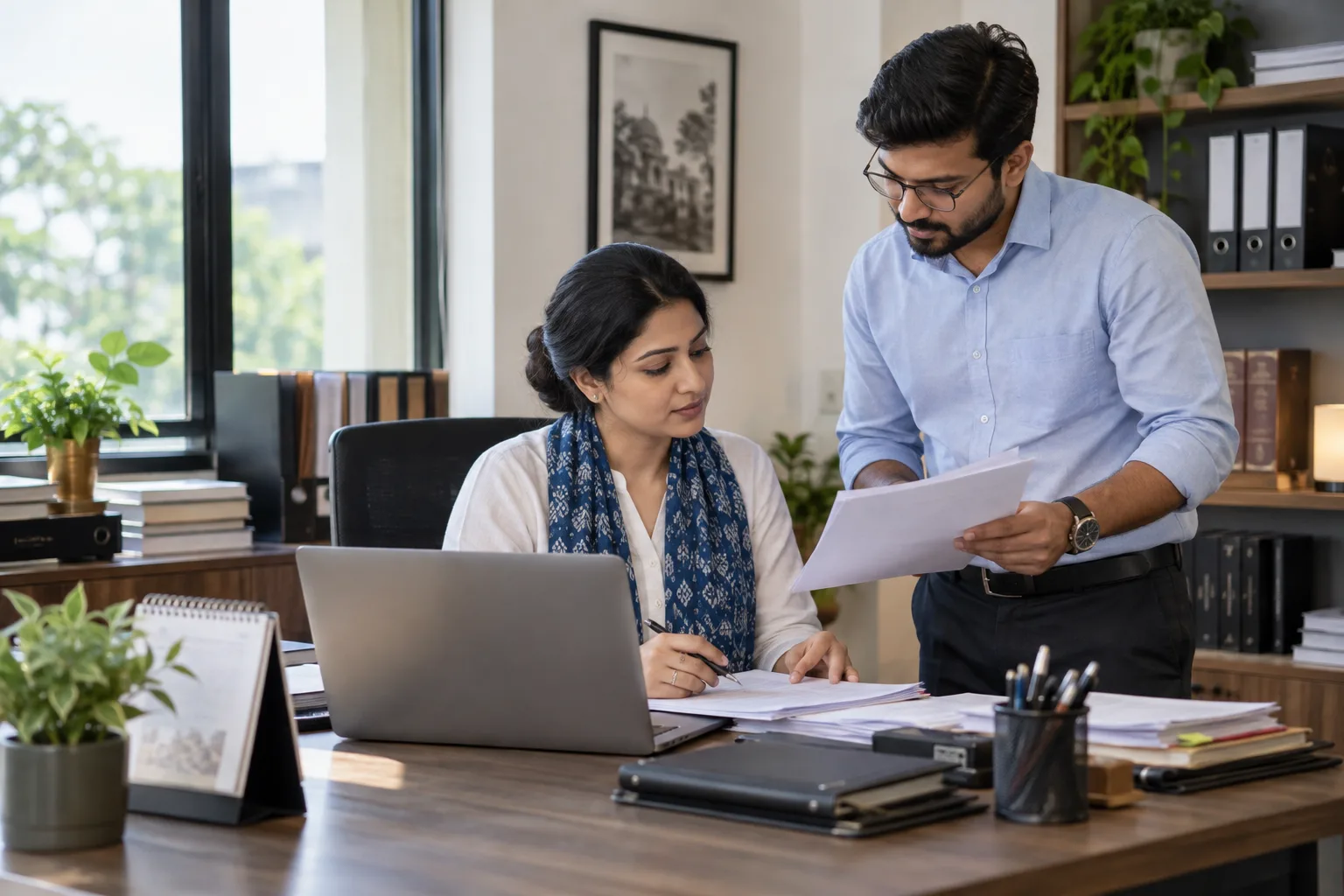 A legal office administrator organising paperwork while a colleague consults a document.