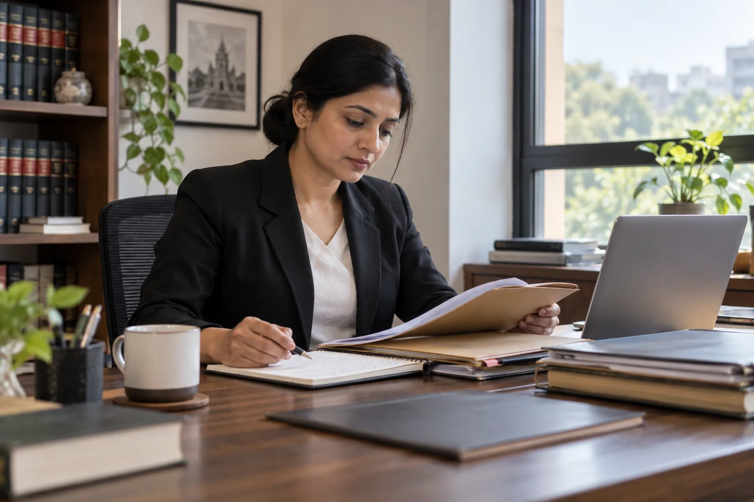 An Indian advocate preparing her day with organised folders and a notebook in a private office.