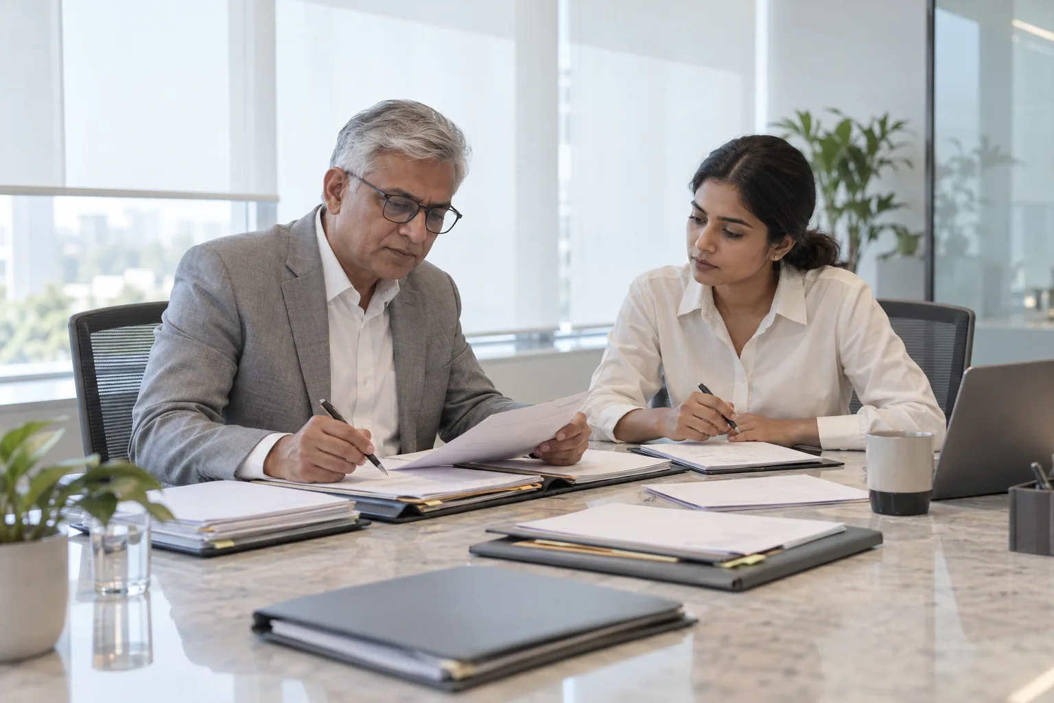 Two Indian legal professionals preparing a matter with organised documents in a quiet meeting room.